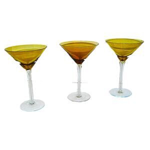 Certified International Dark Amber Martini Glasses Clear Stems 7" Tall Set of 3